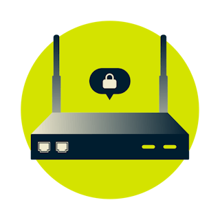 Router with a lock icon in a speech bubble on it.